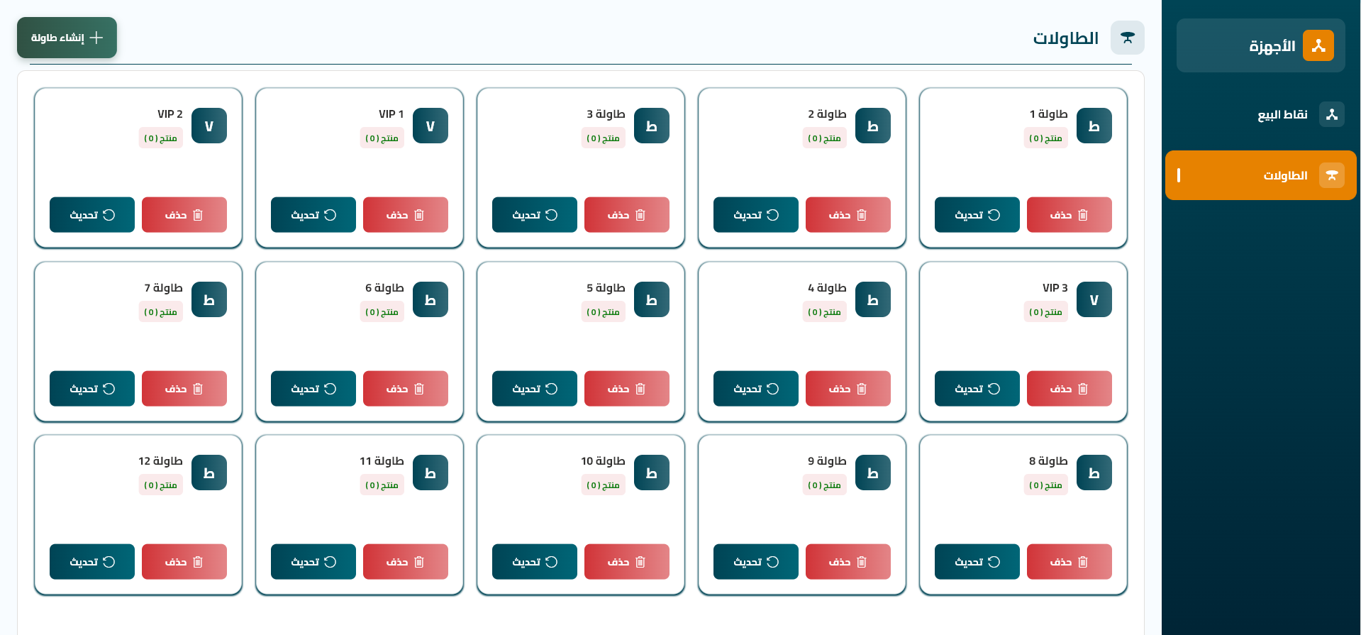 نظام كاشير إبتكار ويب: إدارة الطاولات في المطاعم والكافيهات واجهة إدارة الطاولات في نظام كاشير إبتكار ويب للمطاعم والكافيهات